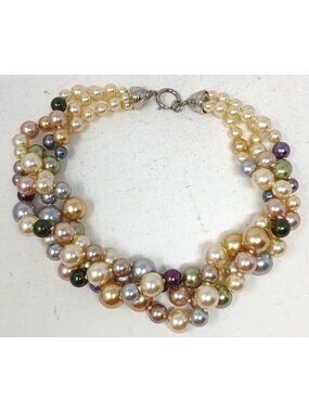 3 Strand Multicolor Faux Pearl Cluster Necklace 18" Silver-Tone Clasp #J-11